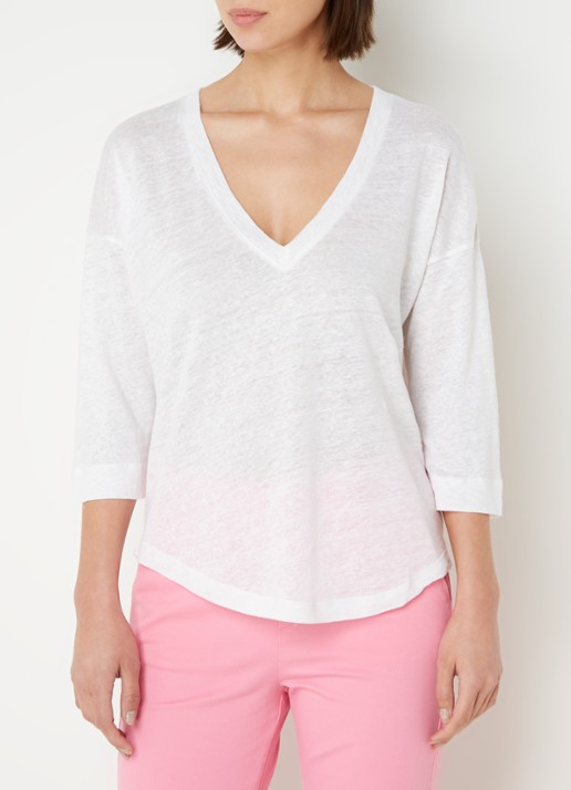 Neeve T-shirt van linnen met driekwart mouw en V-hals - detail 2 wit