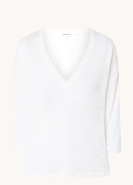 Neeve T-shirt van linnen met driekwart mouw en V-hals - voorkant 3 wit