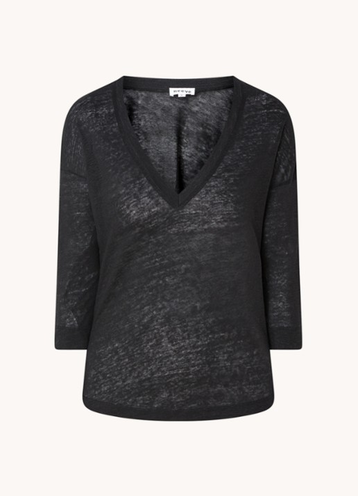 Neeve T-shirt van linnen met driekwart mouw en V-hals - voorkant 3 zwart