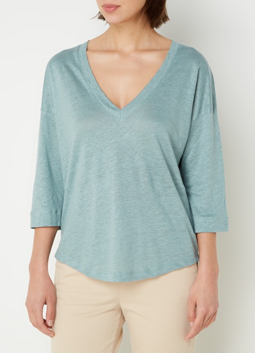 Neeve T-shirt van linnen met driekwart mouw en V-hals - detail 4 mint