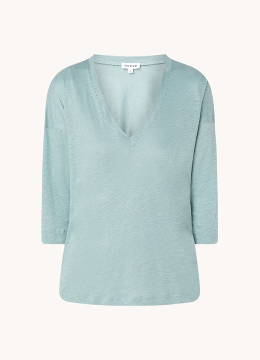 Neeve T-shirt van linnen met driekwart mouw en V-hals - voorkant 2 mint