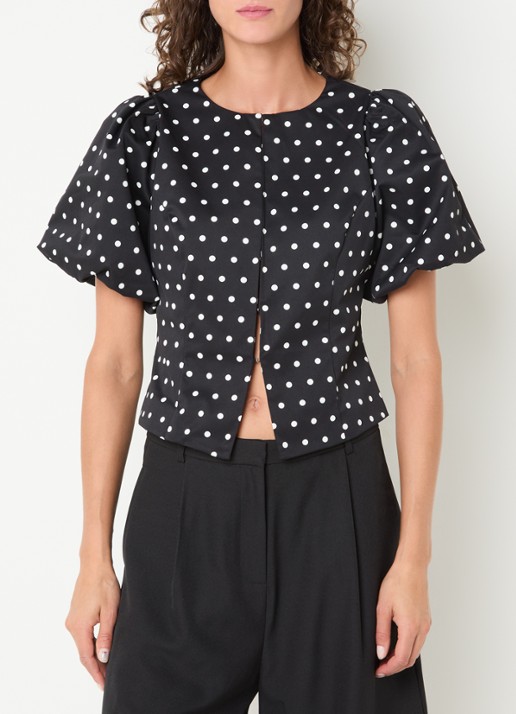 Neo Noir Anela blouse met stippenprint en pofmouw - detail zwart