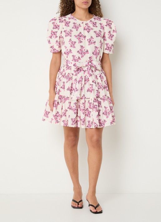 Neo Noir Annitas Starling mini jurk met bloemenprint en pofmouw - voorkant 2 fuchsia