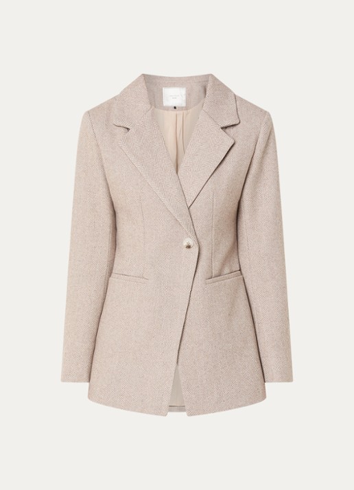 Neo Noir Bowie blazer in wolblend met visgraatdessin en paspelzakken - voorkant 3 creme