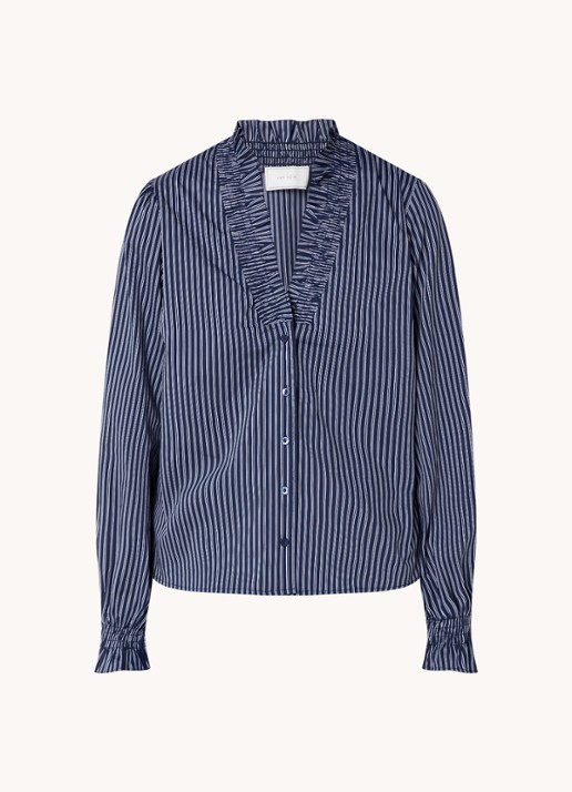 Neo Noir Brielle blouse met V-hals en streepprint  - voorkant donkerblauw