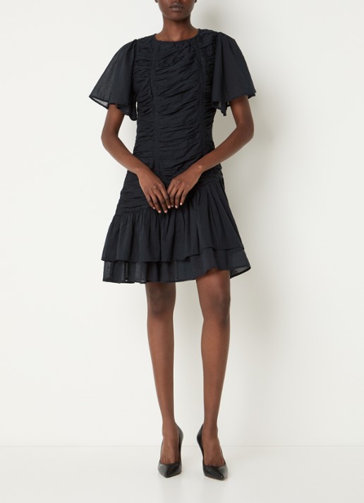 Neo Noir Circle S mini jurk met ruches en vlindermouw - voorkant 3 donkerblauw