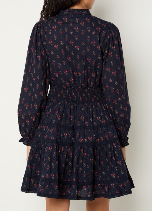 Neo Noir Cornell mini tuniekjurk met bloemenprint en smockwerk - achterkant 4 donkerblauw