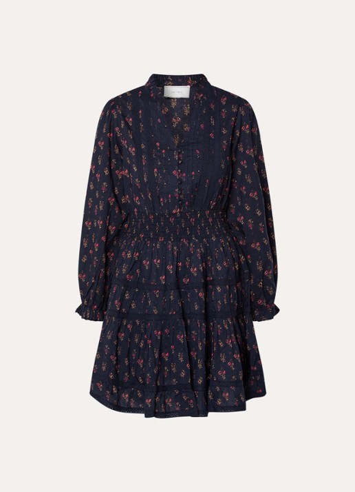 Neo Noir Cornell mini tuniekjurk met bloemenprint en smockwerk - voorkant donkerblauw