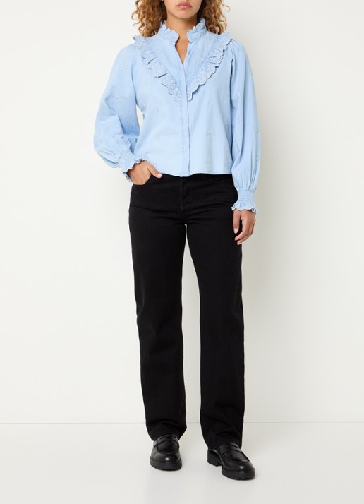 Neo Noir Degas blouse met bloemborduring - voorkant 3 lichtblauw