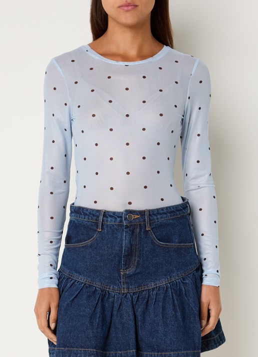 Neo Noir Ella Space semi-transparante top van mesh met stippenprint - detail 2 lichtblauw