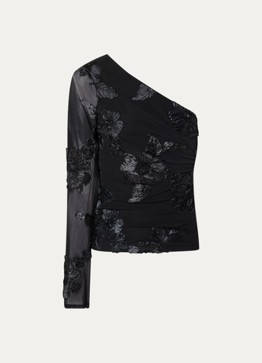 Neo Noir Friana one shoulder top met bloemborduring - voorkant zwart