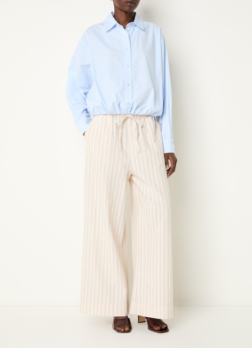 Neo Noir Heifa high waist wide fit broek in linnenblend met streepprint - voorkant 4 zand