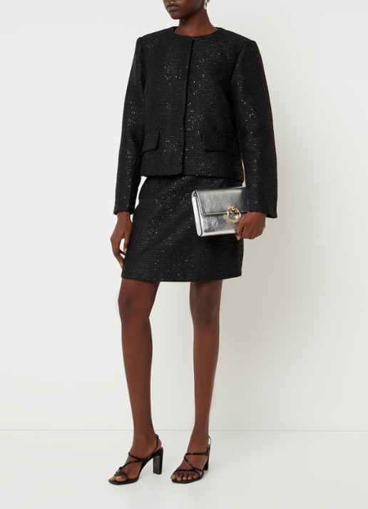 Neo Noir Helina blazer met tweed-look en pailletten - voorkant 3 zwart