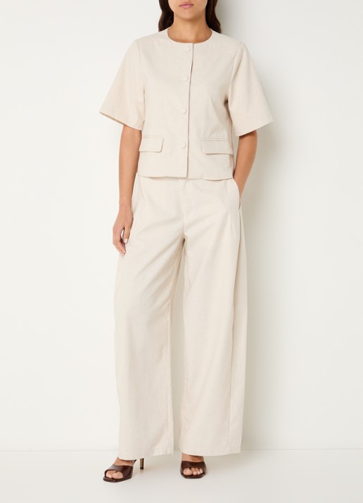Neo Noir High waist wide fit broek in linnenblend met steekzakken - voorkant 4 gebroken wit
