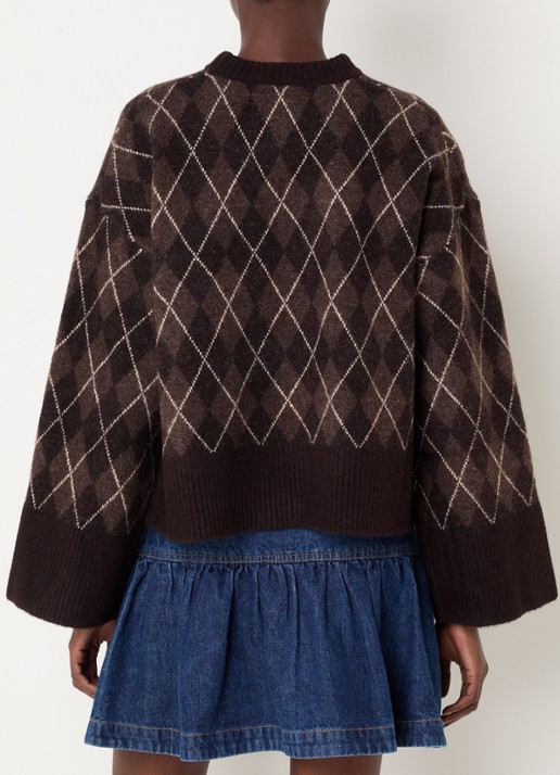Neo Noir Kick fijngebreide pullover in wolblend met ruitdessin - achterkant 4 donkerbruin