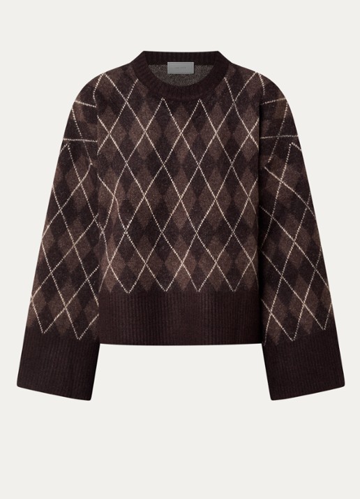Neo Noir Kick fijngebreide pullover in wolblend met ruitdessin - voorkant donkerbruin