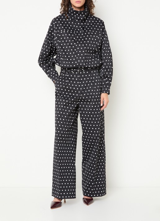 Neo Noir Malba high waist wide fit broek met ceintuur en stippenprint - voorkant 2 zwart