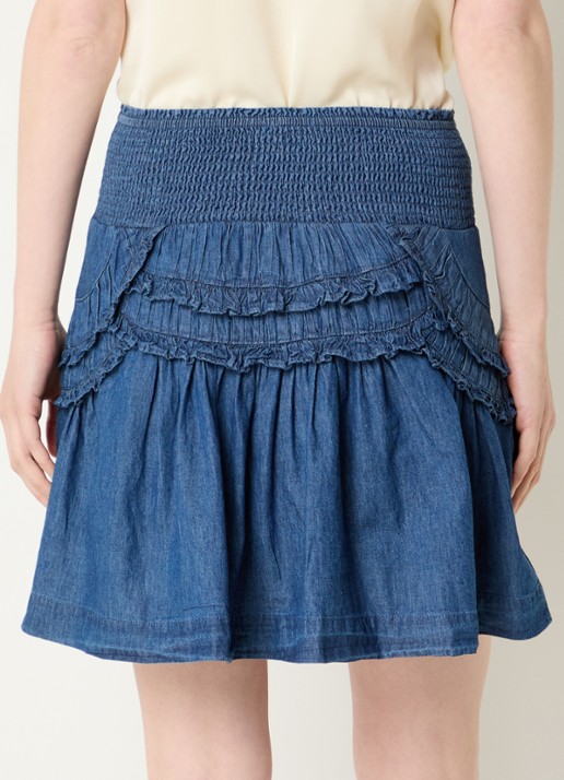 Neo Noir Maliah minirok van denim met smockwerk  - achterkant indigo