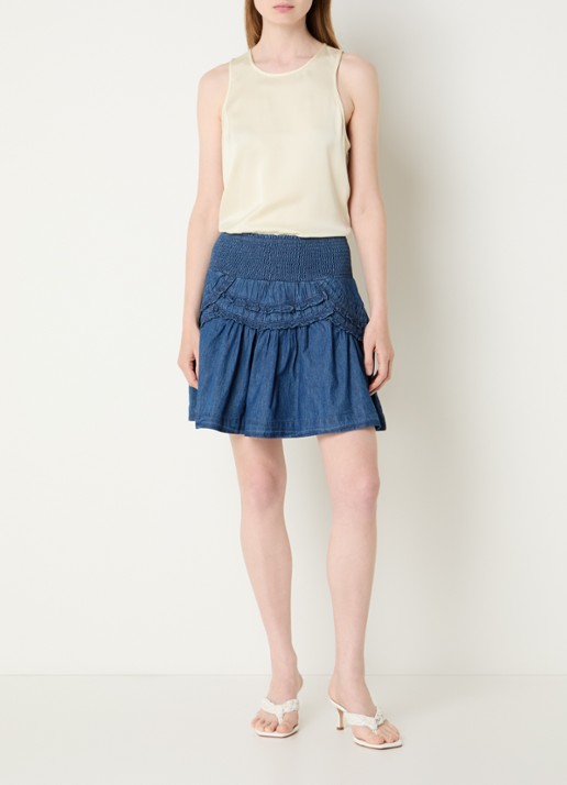 Neo Noir Maliah minirok van denim met smockwerk  - voorkant 3 indigo