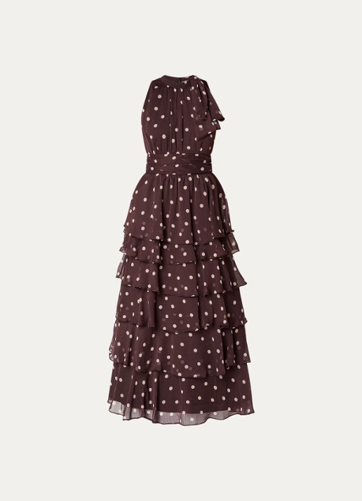 Neo Noir Marli maxi jurk met stippenprint en volants - voorkant donkerbruin