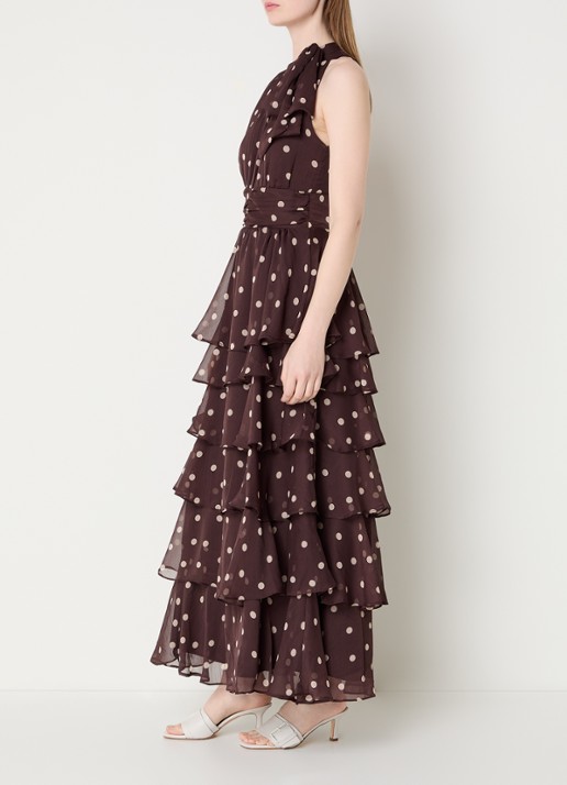 Neo Noir Marli maxi jurk met stippenprint en volants - voorkant 2 donkerbruin