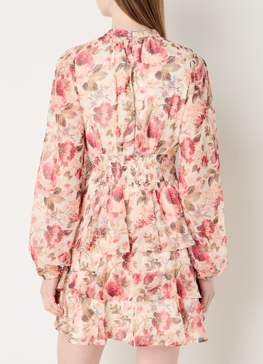Neo Noir Mio mini jurk met bloemenprint en sjaalkraag - achterkant 4 creme