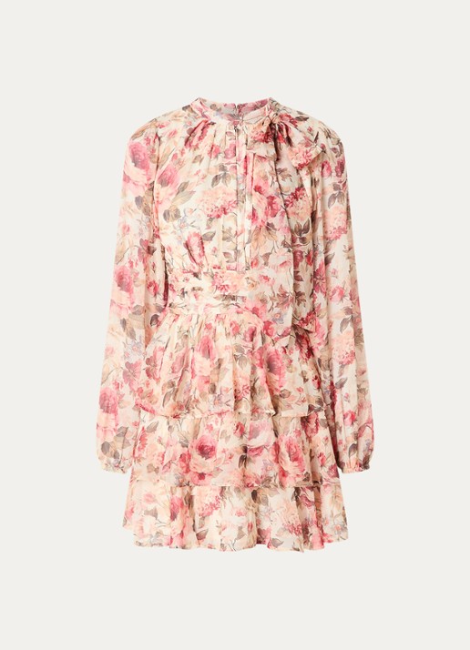 Neo Noir Mio mini jurk met bloemenprint en sjaalkraag - voorkant 2 creme