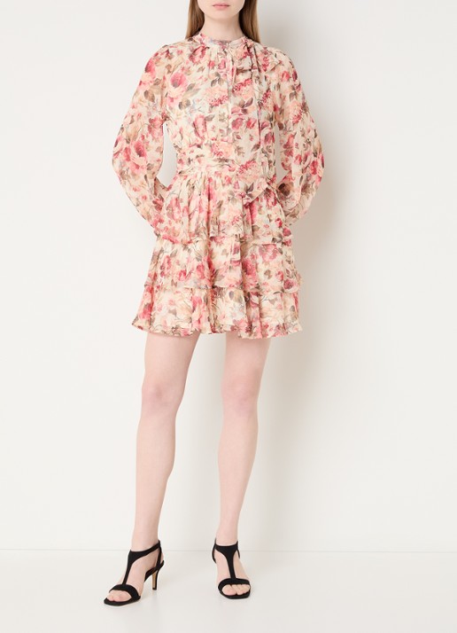 Neo Noir Mio mini jurk met bloemenprint en sjaalkraag - voorkant 3 creme