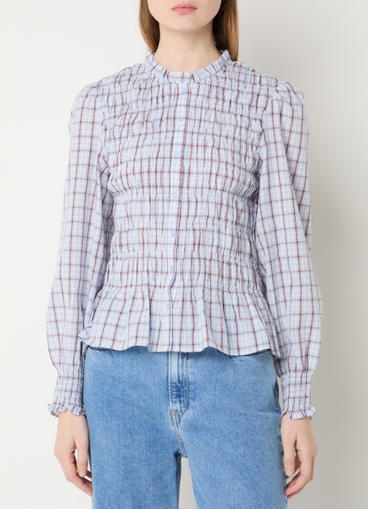 Neo Noir Mocca blouse met smockwerk en ruitdessin