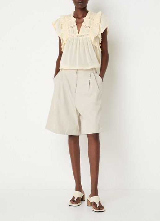 Neo Noir Nika high waist wide fit korte broek met steekzakken - voorkant 2 beige