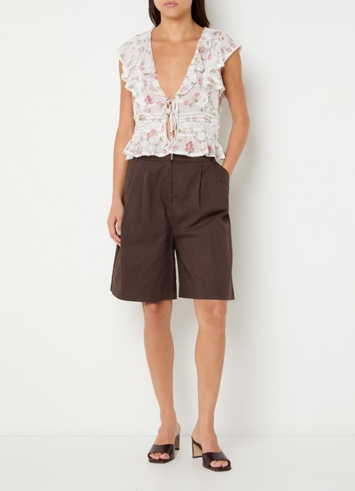 Neo Noir Nika high waist wide fit pantalon in linnenblend - voorkant 3 donkerbruin