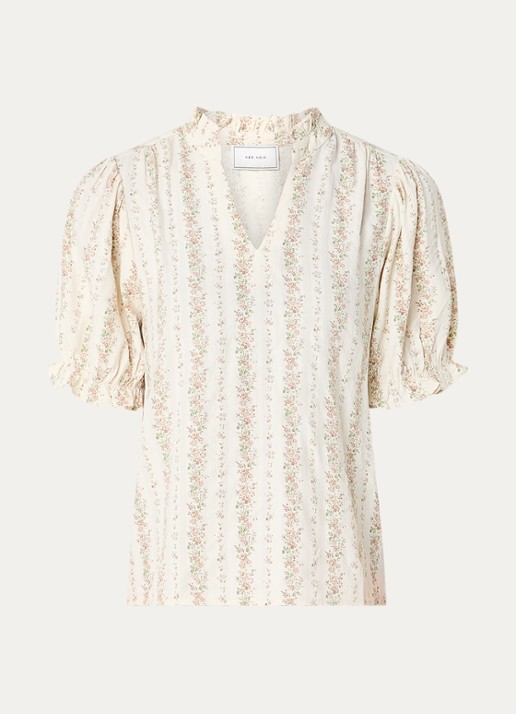 Neo Noir Odesa blouse met bloemenprint en volant  - voorkant 2 gebroken wit
