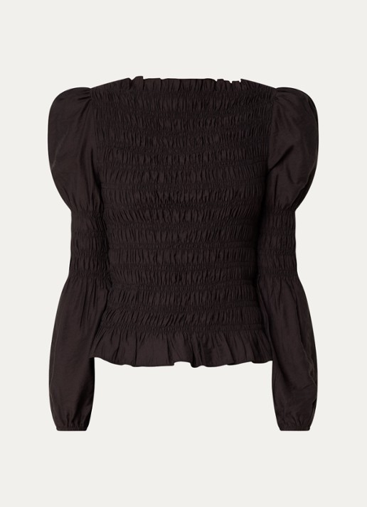 Neo Noir Polka top met smockwerk  - voorkant 2 zwart