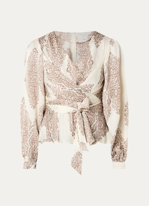 Neo Noir Rista blouse met paisley dessin en strikceintuur - voorkant ivoor
