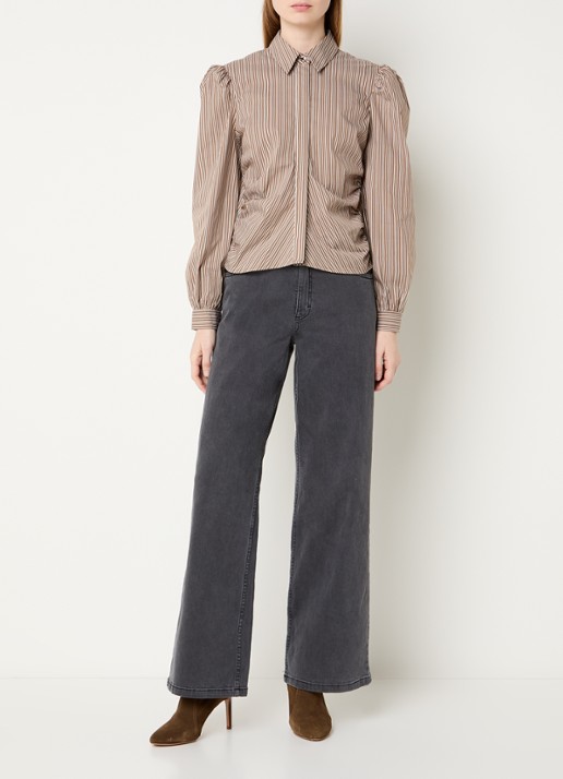 Neo Noir Ritta blouse met smockwerk en streepprint - voorkant 3 lichtbruin