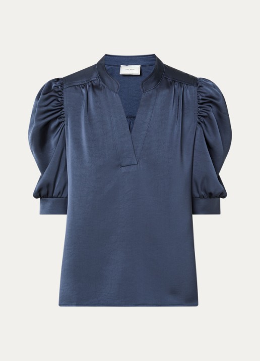 Neo Noir Roella top van satijn met pofmouw - voorkant 3 donkerblauw