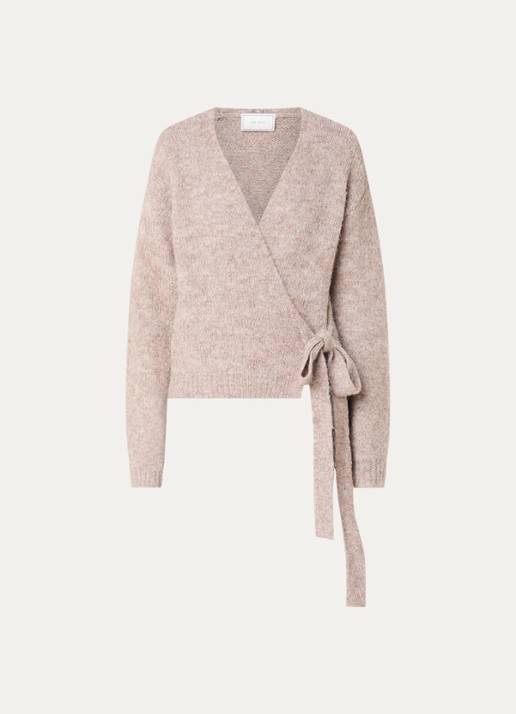Neo Noir Ronia grofgebreid vest in wolblend met strikceintuur - voorkant 3 donkerbeige