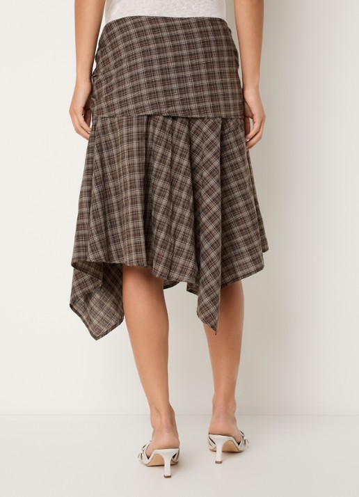 Neo Noir Sabella asymmetrische midi rok met ruitdessin en geknoopt detail - achterkant 2 lichtbruin