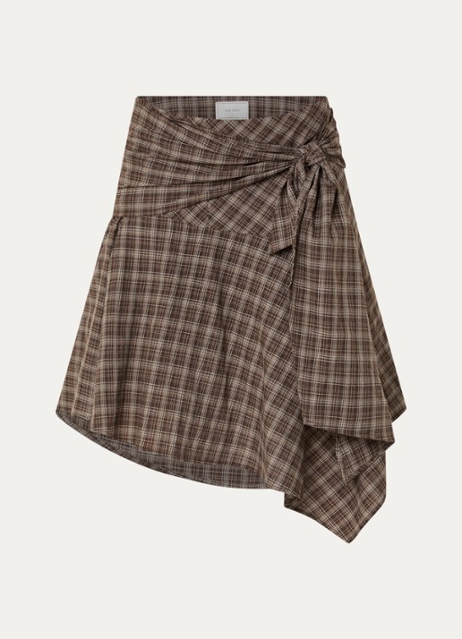 Neo Noir Sabella asymmetrische midi rok met ruitdessin en geknoopt detail - voorkant 3 lichtbruin