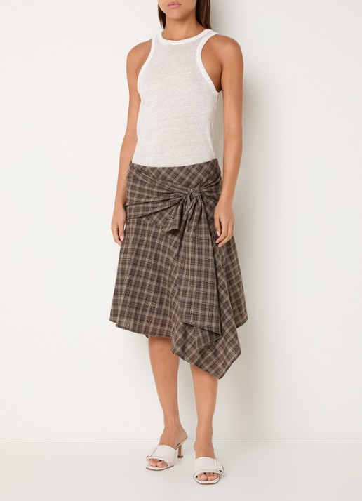 Neo Noir Sabella asymmetrische midi rok met ruitdessin en geknoopt detail - voorkant 4 lichtbruin