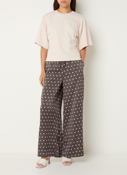Neo Noir Sebba high waist wide fit pantalon met stippenprint - voorkant 4 donkerbruin