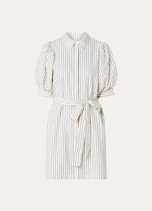 Neo Noir Serene mini blouse jurk met streepprint en strikceintuur  - voorkant 2 gebroken wit