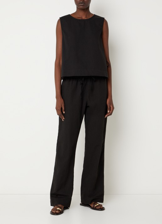 Neo Noir Sonar mid waist loose fit broek van linnen met steekzakken - voorkant 4 zwart