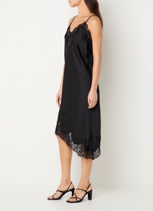 Neo Noir Sorelle midi jurk van satijn met details van kant - voorkant 3 zwart