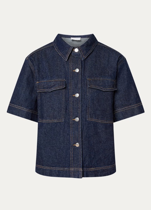 Neo Noir Tiki blouse van denim met borstzakken - voorkant donkerblauw