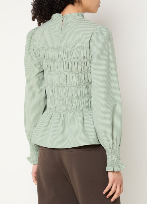 Neo Noir Top met streepprint en smockwerk - achterkant 2 olijfgroen