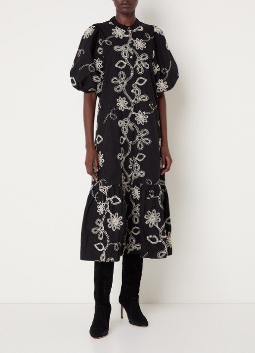 Neo Noir Veronica maxi blousejurk met bloemborduring en pofmouw - detail 2 zwart