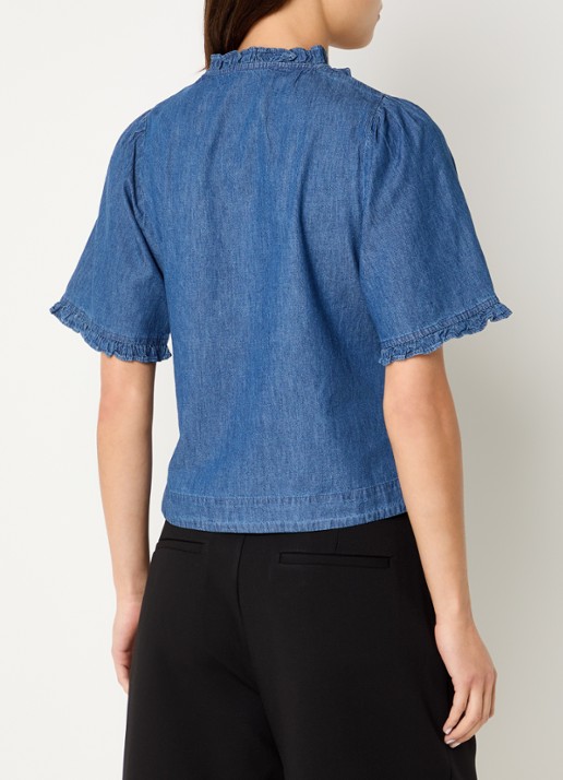 Neo Noir Wendia blouse van chambray met volant  - achterkant 4 indigo