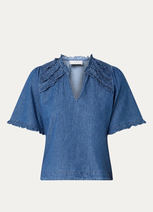 Neo Noir Wendia blouse van chambray met volant  - voorkant indigo