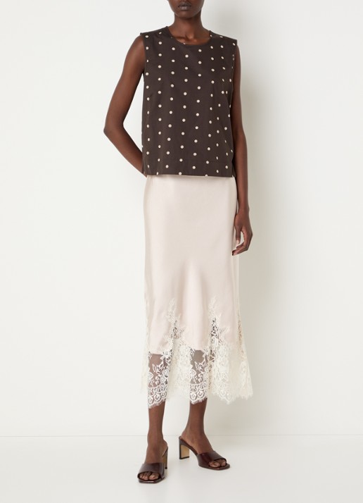 Neo Noir Yelina midi rok van satijn met details van kant - voorkant 3 creme